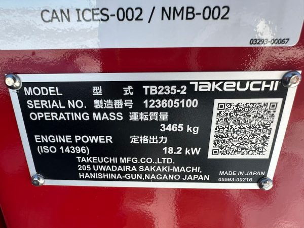 Takeuchi Compact (Mini) Excavator TB235-2 - 123605100